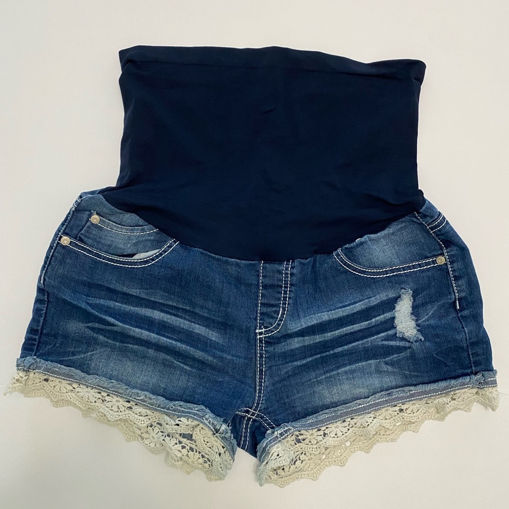 Maternity Denim Shorts with Navy Band and Lace Trim